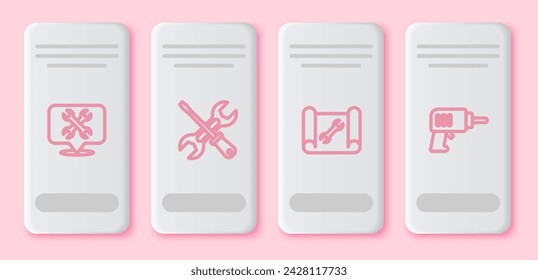 Set line Location with wrench, Screwdriver and, Graphing paper and Electric drill machine. White rectangle button. Vector