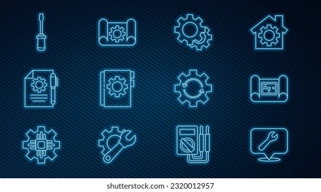 Set line Location with wrench spanner, House plan, Gear, User manual, Document settings and pen, Screwdriver, arrows as workflow and Graphing paper gear icon. Vector