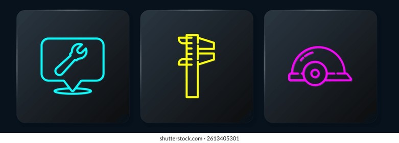 Set line Location with wrench spanner, Worker safety helmet and Calliper caliper and scale. Black square button. Vector