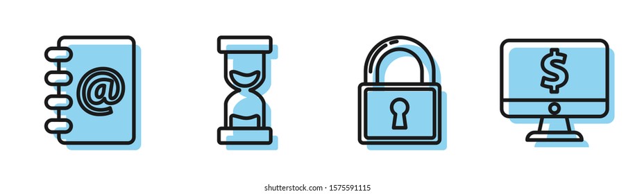 Set line Lock, Address book, Old hourglass with flowing sand and Computer monitor with dollar symbol icon. Vector