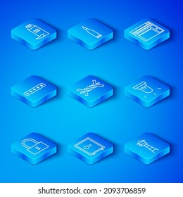 Set line Lock, Barbed wire, Safe, Motion sensor, Website template, Password protection, Pepper spray and Watch tower icon. Vector