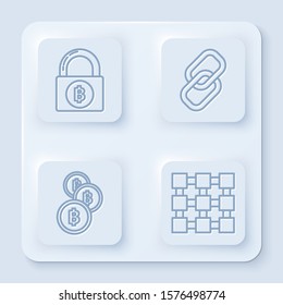 Set line Lock with bitcoin, Chain link, Cryptocurrency coin Bitcoin and Blockchain technology. White square button. Vector
