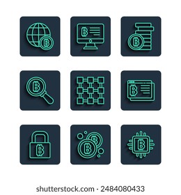 Set line Lock with bitcoin, Bitcoin, CPU mining farm, Blockchain technology, Magnifying glass, Globe and browser icon. Vector
