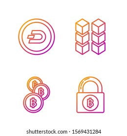 Set line Lock with bitcoin, Cryptocurrency coin Bitcoin, Cryptocurrency coin Dash and Blockchain technology. Gradient color icons. Vector