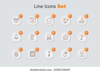 Set line Lock, Bomb, Key, Graphic password protection, Umbrella, House under and Ringing alarm bell icon. Vector