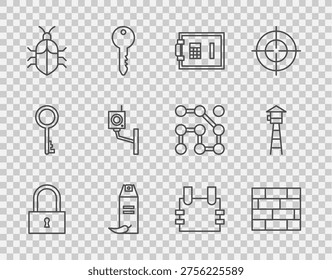 Set line Lock, Bricks, Safe, Pepper spray, System bug concept, Security camera, Bulletproof vest and Watch tower icon. Vector