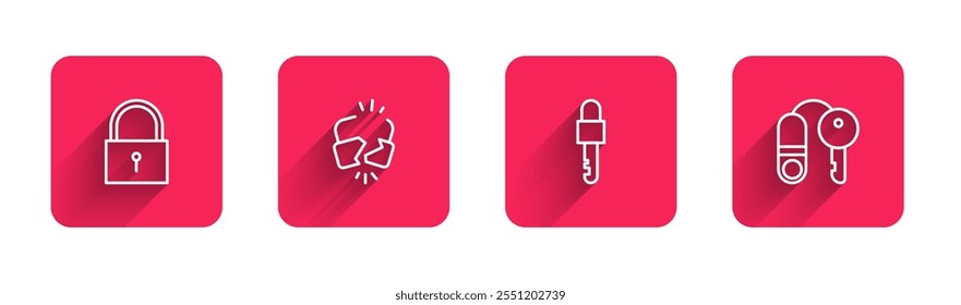 Set line Lock, Broken or cracked lock, Locked key and House with with long shadow. Red square button. Vector