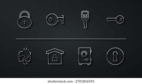 Definir trava linha, trava quebrada ou rachada, chave, cofre, casa sob proteção, Keyhole e chave do carro com ícone remoto. Vetor
