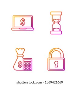 Set line Lock, Calculator with money bag, Laptop with dollar symbol and Old hourglass with flowing sand. Gradient color icons. Vector