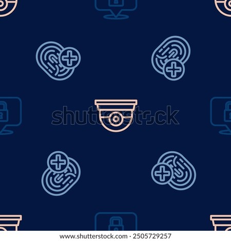 Set line Lock, Cancelled fingerprint and Security camera on seamless pattern. Vector