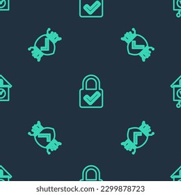 Fijar la marca de bloqueo y marca de verificación, la seguridad cibernética y el reloj de pared retro en un patrón sin fisuras. Vector