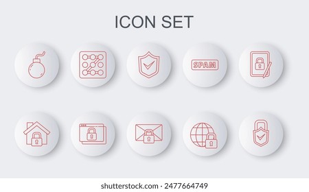 Set line Lock and check mark, House under protection, Shield with, Global lockdown, Bomb ready to explode, Graphic password, Secure your site HTTPS, SSL and Mail message icon. Vector