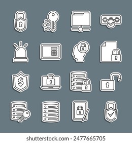 Set line Lock and check mark, Open padlock, Document, FTP folder, Safe, Motion sensor,  and Human head with icon. Vector