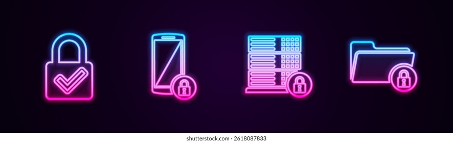 Set line Lock and check mark, Smartphone with lock, Server security and Folder. Glowing neon icon. Vector