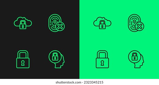 Set line Lock, Cloud computing lock and Cancelled fingerprint icon. Vector