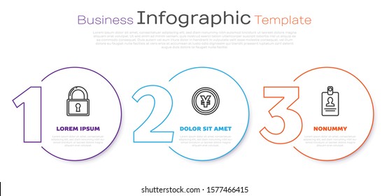 Set line Lock, Coin money with Yen symbol and Identification badge. Business infographic template. Vector