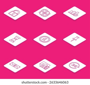 Set line Lock, diagram, infographic, pie graph, Old hourglass flowing sand, Coin money pound sterling symbol, Push pin, Stacks paper cash and Financial the computer monitor mobile phone icon. Vector