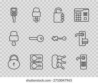 Set Line Lock, Digitales Türschloss, Sichere Kombination, Gussschlüssel, Auto mit Fernbedienung, Schlüssel, Bund und Symbol. Vektorgrafik