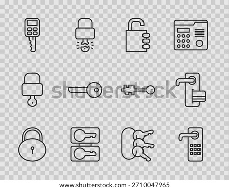 Set line Lock, Digital door lock, Safe combination, Casting keys, Car with remote, Key, Bunch of and  icon. Vector