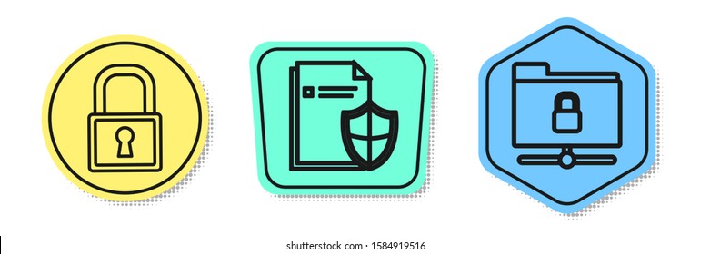 Set line Lock , Document protection concept  and FTP folder and lock . Colored shapes. Vector