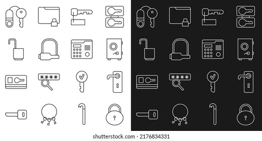 Set line Lock, Door handle, Safe, Marked key, Bicycle lock, Open padlock, House with and intercom system icon. Vector