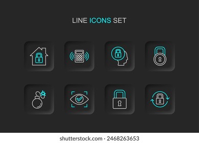 Set line Lock, Eye scan, Bomb, Security keypad access panel and House under protection icon. Vector