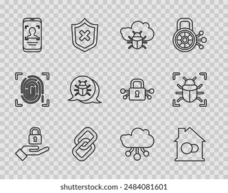 Set line Lock in hand, Smart home, System bug on cloud, Chain link, Mobile face recognition, Internet of things and  icon. Vector