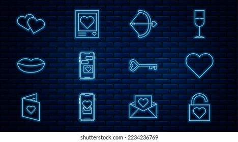 Set line Lock and heart, Heart, Bow arrow, Mobile with, Smiling lips, Key shape and Photo frames hearts icon. Vector