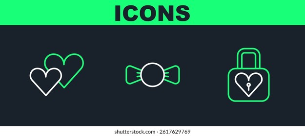 Set line Lock and heart, Heart and Bow tie icon. Vector