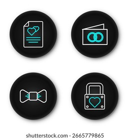 Establecer línea de bloqueo y corazón, pajarita, tarjeta de felicitación e icono. Vector