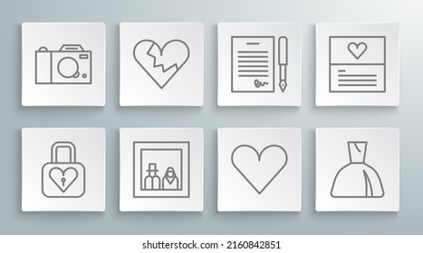 Set Line Lock And Heart, Broken Or Divorce, Family Photo, Heart, Woman Dress, Marriage Contract, Greeting Card And Photo Camera Icon. Vector