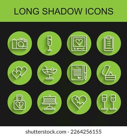 Set line Lock and heart, Cake on plate, Photo camera, Broken or divorce, Glass of champagne, Cocktail, Wedding rings and Marriage contract icon. Vector