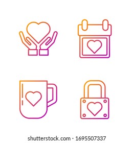 Set line Lock and heart, Coffee cup and heart, Heart on hand and Calendar with heart. Gradient color icons. Vector