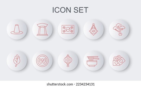 Set line Lock with heart, Kimchi, South Korea flag, Ramen, Korean hat, gate, won coin and lantern icon. Vector