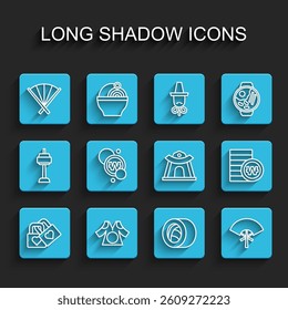 Set line Lock with heart, Kimono, Traditional fan, Sushi, South Korean won coin,  and temple icon. Vector