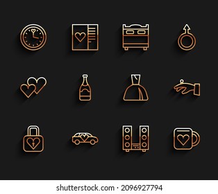 Set line Lock and heart, Limousine car, Clock, Home stereo with two speakers, Coffee cup, Champagne bottle, Wedding rings on hand and Woman dress icon. Vector