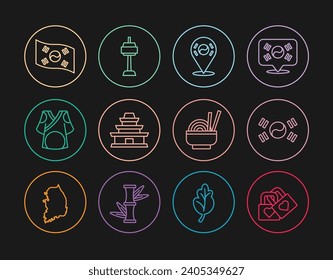 Set line Lock with heart, South Korea flag, Location, Korean temple, Kimono, Asian noodles in bowl and N Seoul tower icon. Vector