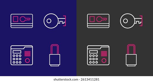 Set line Lock, House intercom system, Key and card icon. Vector