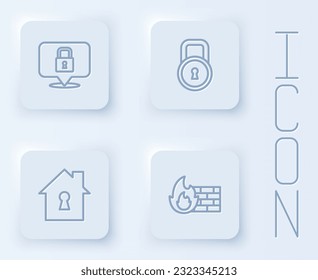 Set line Lock, House under protection and Firewall, security wall. White square button. Vector