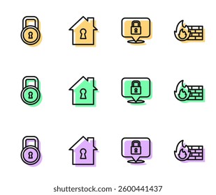 Set line Lock, House under protection and Firewall, security wall icon. Vector