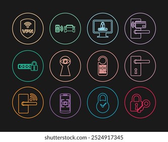 Set line Lock and key, Door handle, Monitor with password, Keyhole eye, Password protection, Shield VPN wireless, Please do not disturb and Smart car alarm system icon. Vector