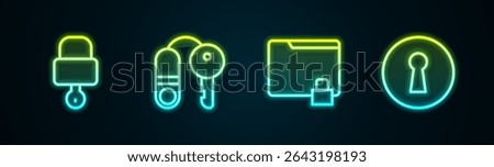 Set line Lock and key, House with, Folder lock and Keyhole. Glowing neon icon. Vector