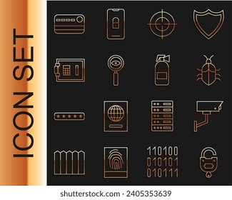 Set line Lock and key, Security camera, System bug concept, Target sport, Magnifying glass Search, Safe, Credit card and Fire extinguisher icon. Vector