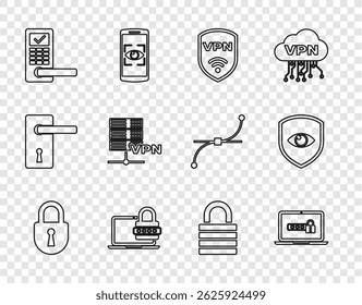 Set line Lock, Laptop with password, Shield VPN wireless, Digital door lock, Server,  and and eye icon. Vector