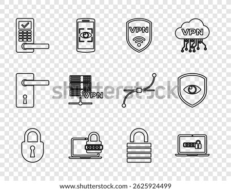 Set line Lock, Laptop with password, Shield VPN wireless, Digital door lock, Server,  and and eye icon. Vector