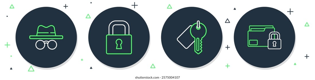 Set line Lock, Marked key, Incognito mode and Folder and lock icon. Vector