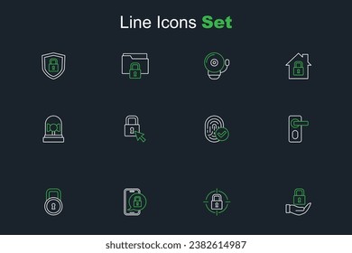 Set line Lock, Mobile with closed padlock, Fingerprint door,  and Ringing alarm bell icon. Vector