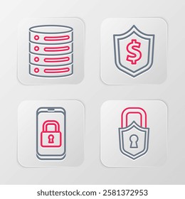 Set line Lock, Mobile with closed padlock, Shield dollar and Server, Data, Web Hosting icon. Vector