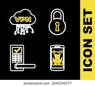Set line Lock, Mobile and face recognition, Digital door lock with wireless and Cloud VPN interface icon. Vector