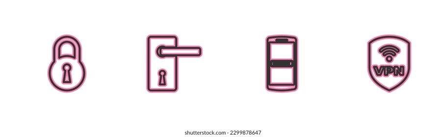 Ajuste el bloqueo de línea, el teléfono móvil y la contraseña, el identificador de puerta y el icono Escudo con el inalámbrico VPN. Vector